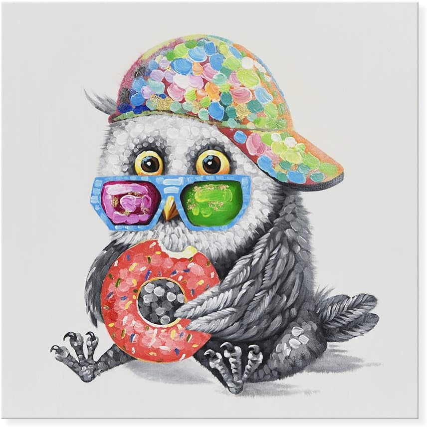 Modern Metal Canvas Wall Art — 12" — Adorable Owl Eats Doughnut