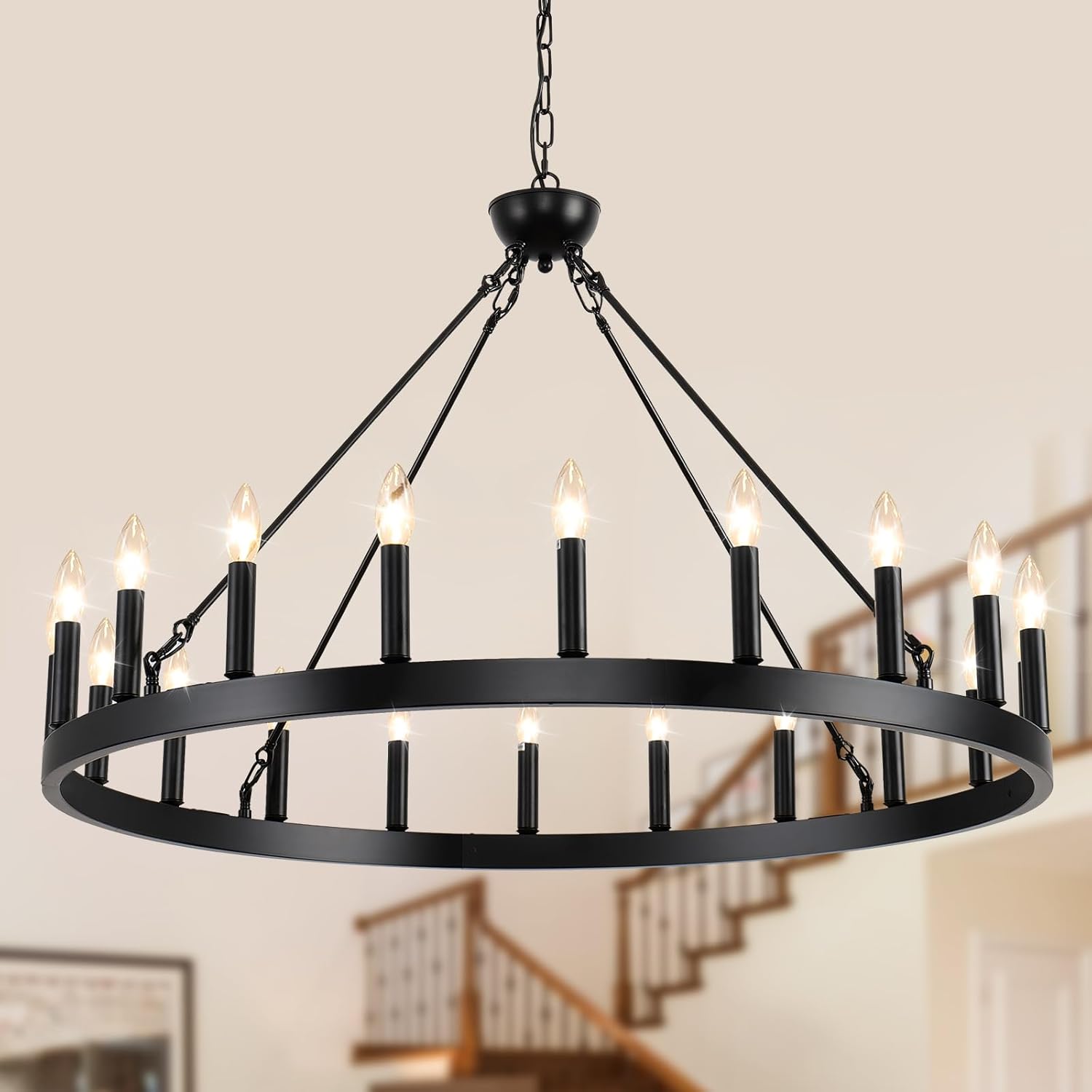 Round Farmhouse Black Chandelier — 12-Light — Black