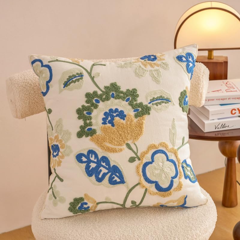 Embroidered Boho Blue Throw Pillow Cover — 18x18 — Embroidery - Warm Pear Blue