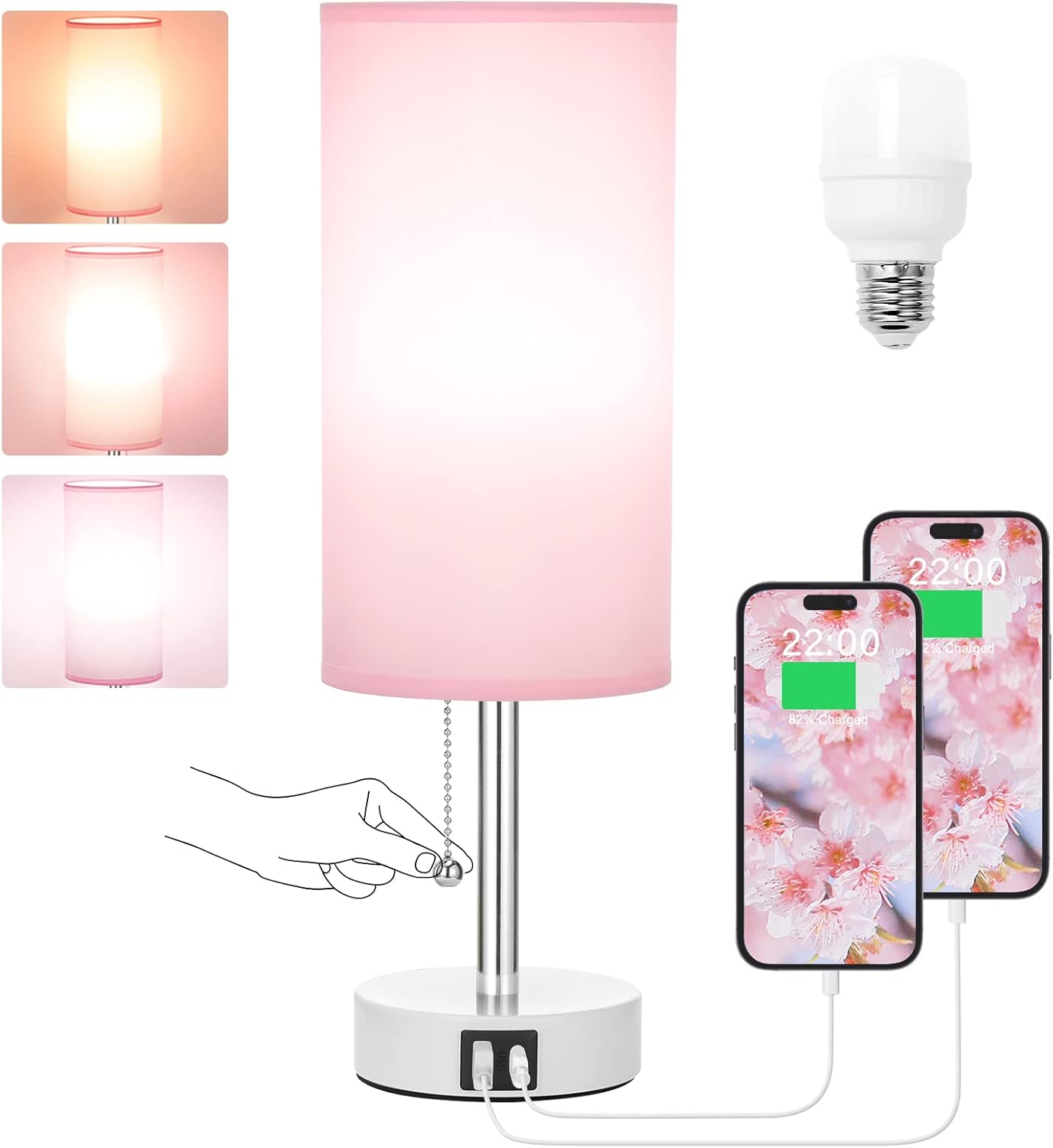 USB Gold Bedside Lamp — Pink-White