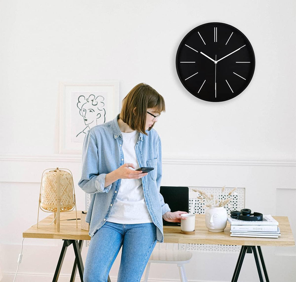 Battery Operated Modern Black Wall Clock — 12" - View 7