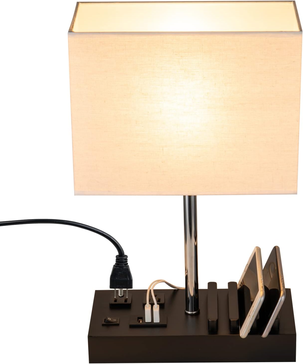 USB Charging Beige Bedside Lamp — Linen Shade