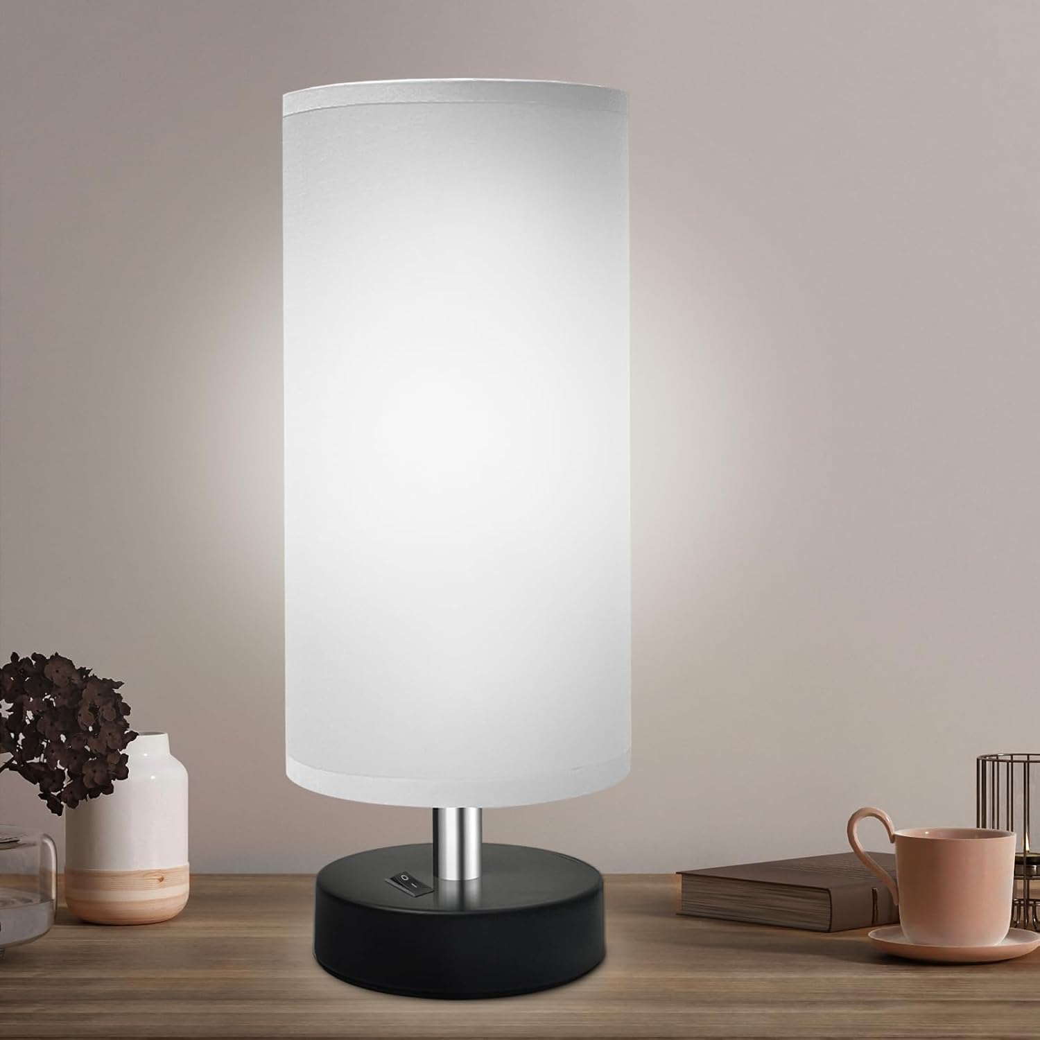 Round Modern Grey Bedside Lamp — 8" — 1 Pack