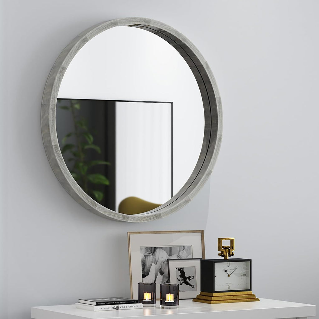 Framed Farmhouse Beige Wall Mirror — 30" — Grey