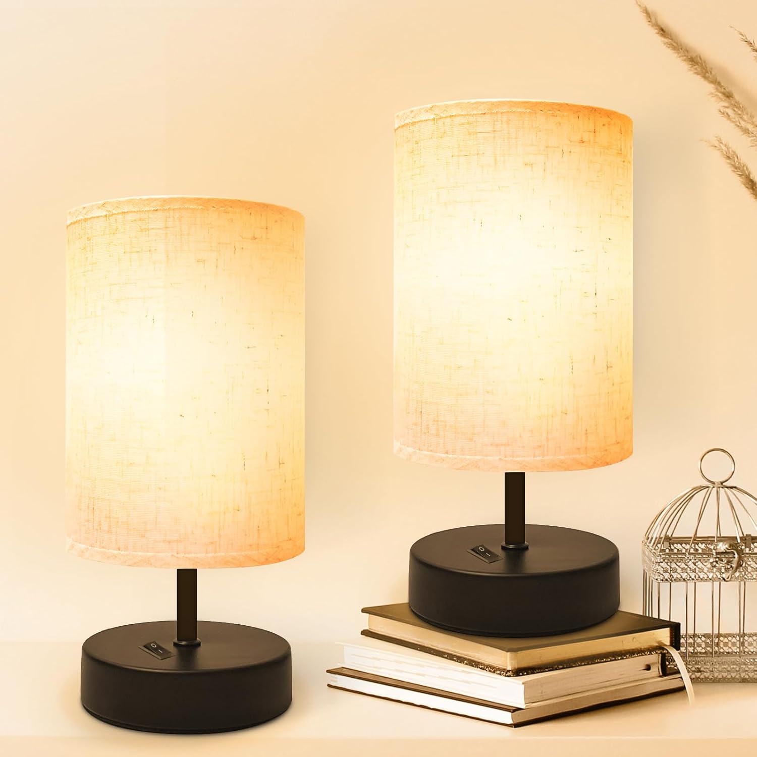 Round Modern Grey Bedside Lamp — 8" — 2 Pack