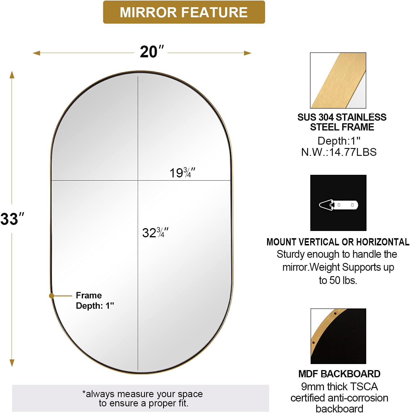 Oval Luxe Black Mirror — 1" - View 2
