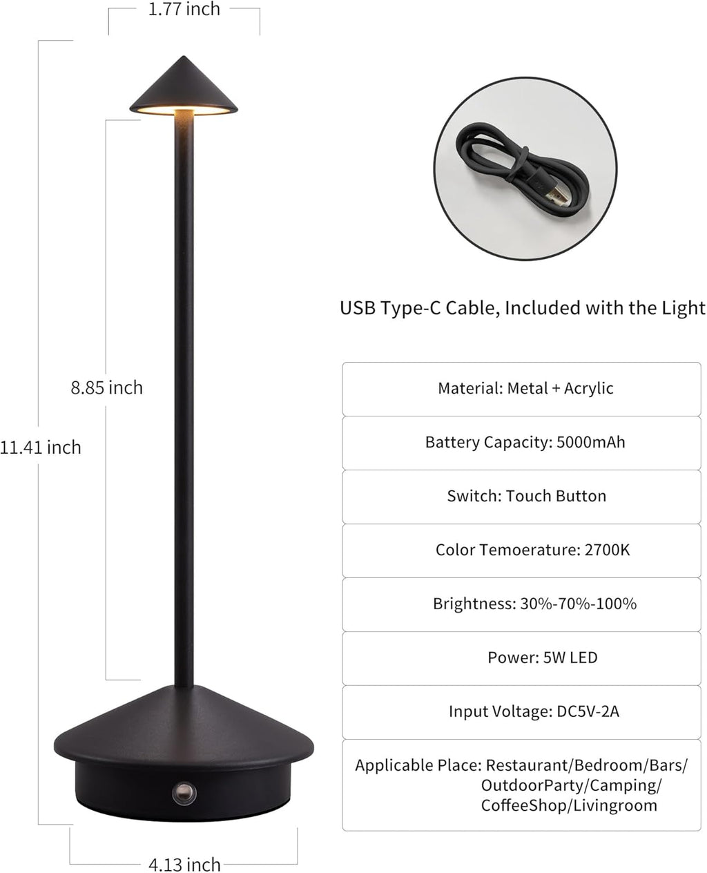Cordless Modern Black Desk Lamp — Set of 2 - View 5