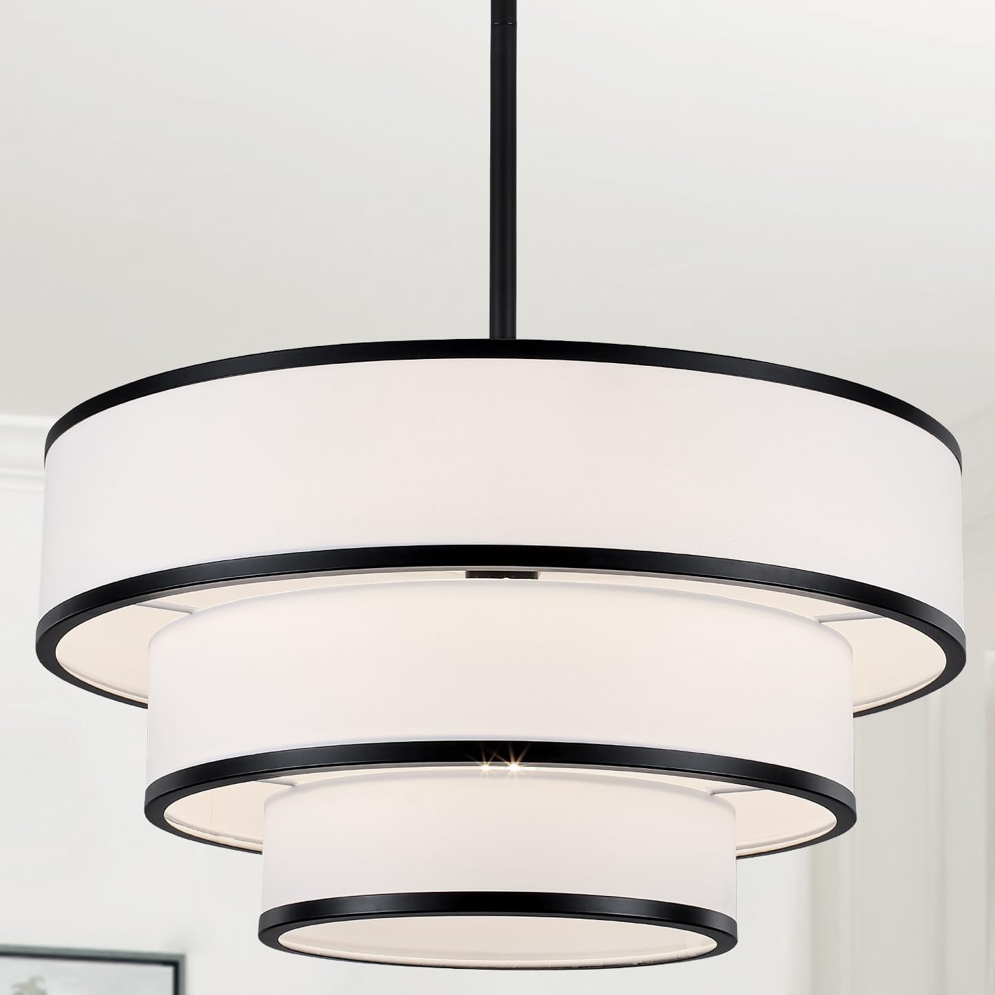 Round Farmhouse Black Chandelier — 6-Light — 3-Tier Drum Chandelier