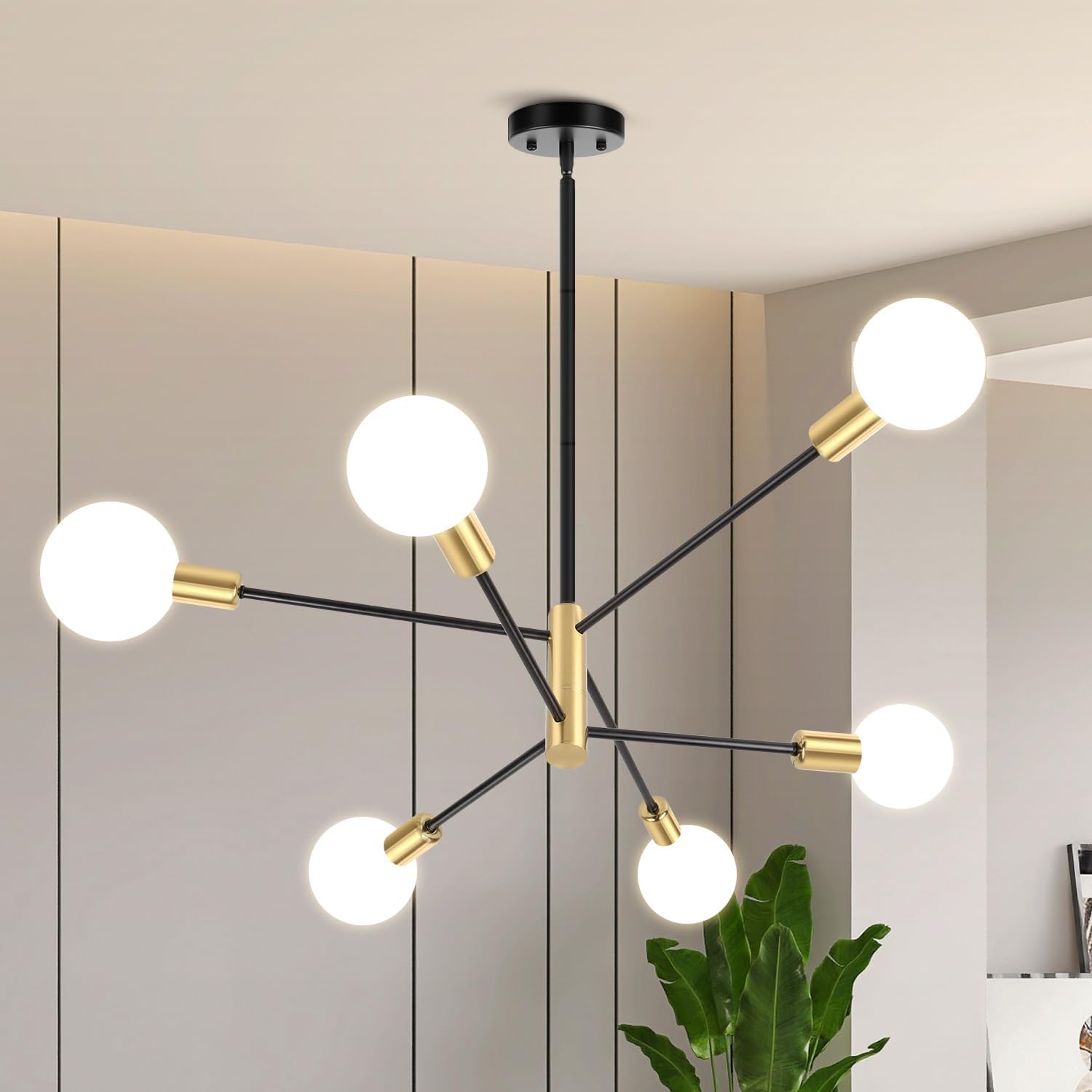 Mid-Century Black Chandelier — 6-Light — Black and Gold