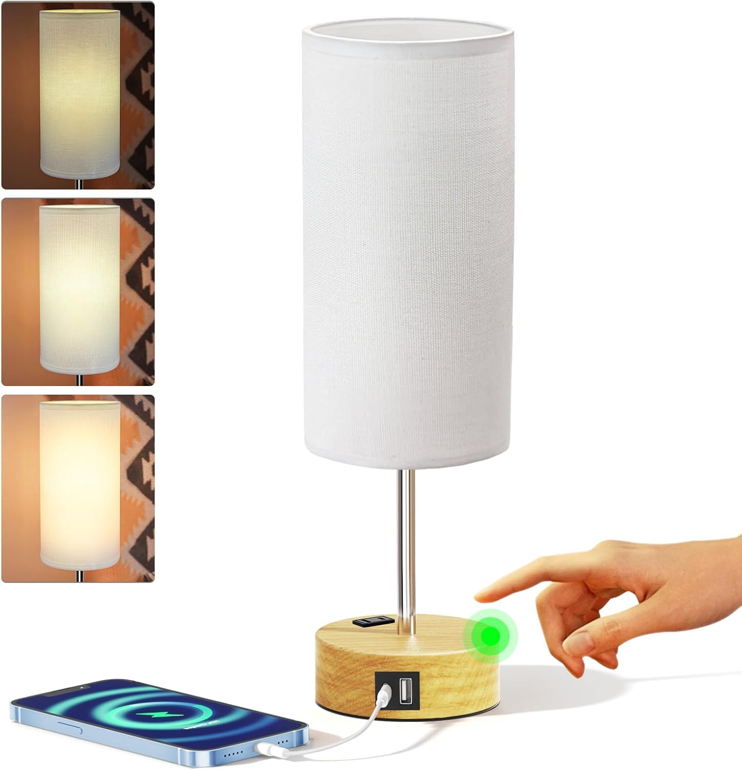 Dimmable Beige Bedside Lamp — 14" — 14" Small Size Touch Control