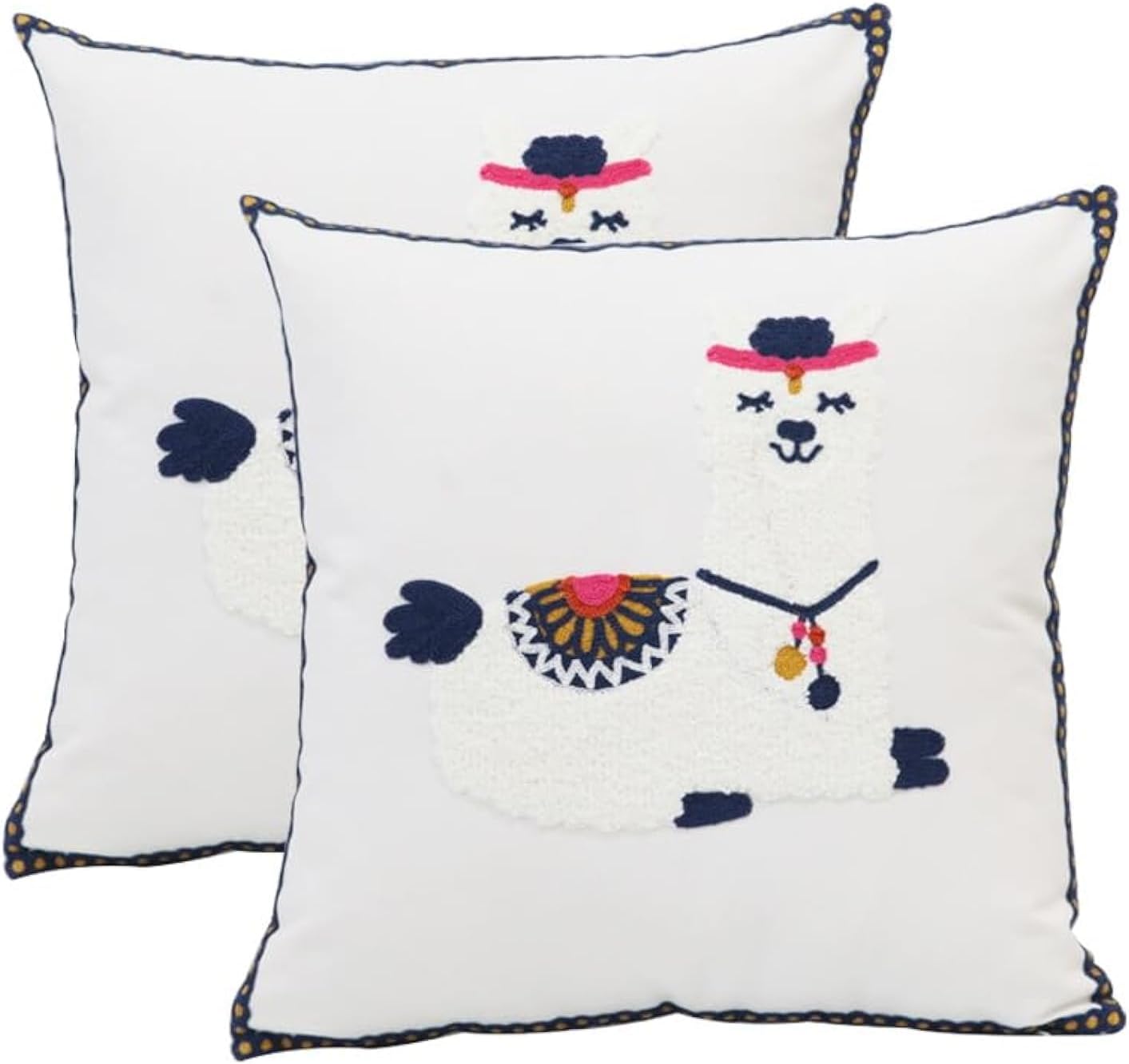 Embroidered Boho Blue Throw Pillow Cover — 18" — Cute Llama