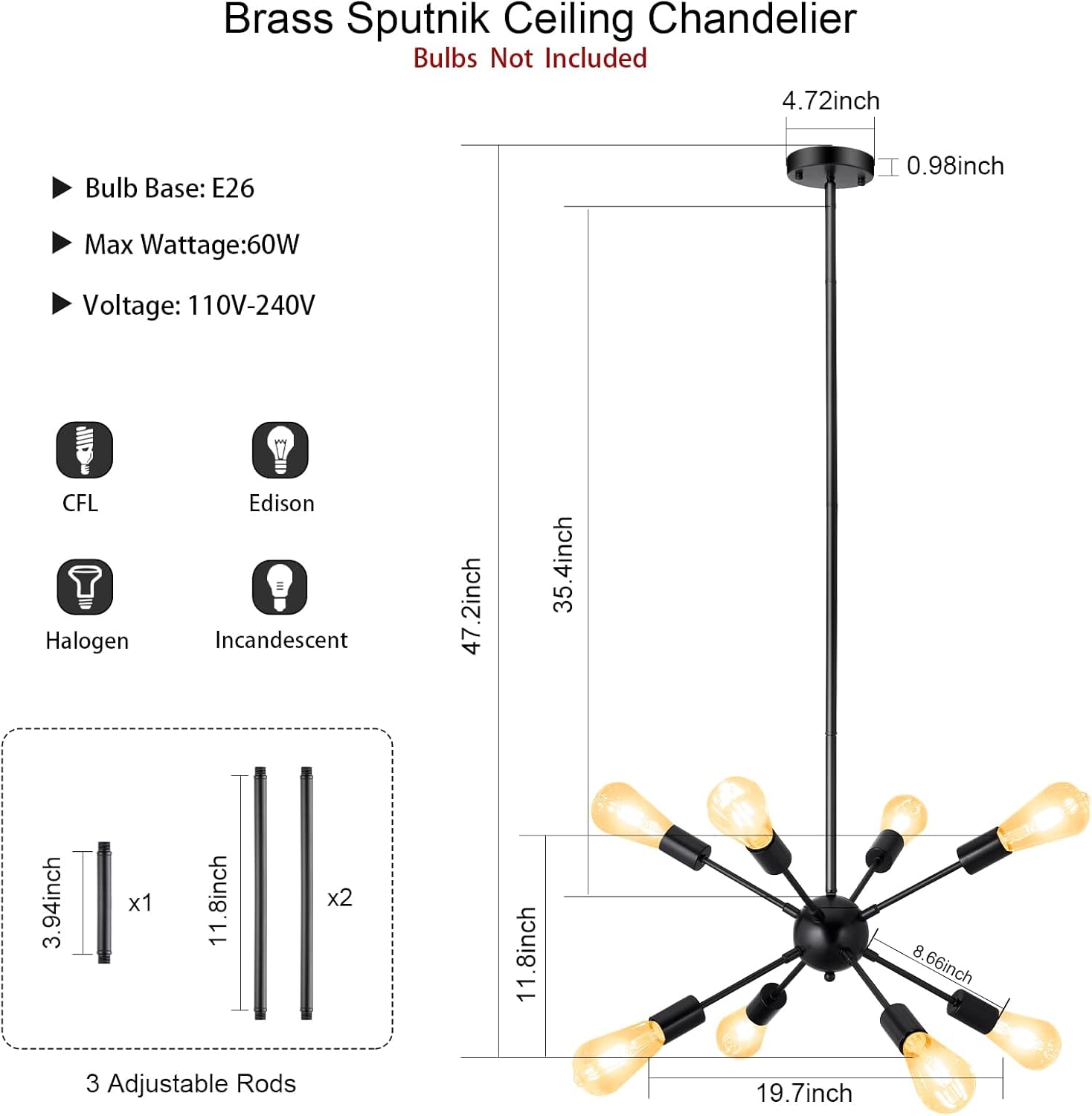 Adjustable Modern Black Chandelier - View 2