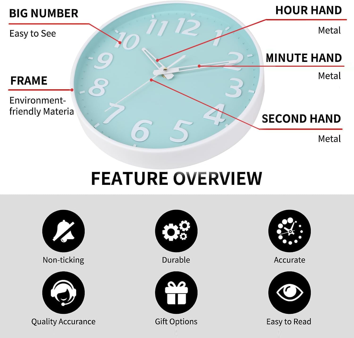 Battery Operated Modern Black Wall Clock — 12" - View 2