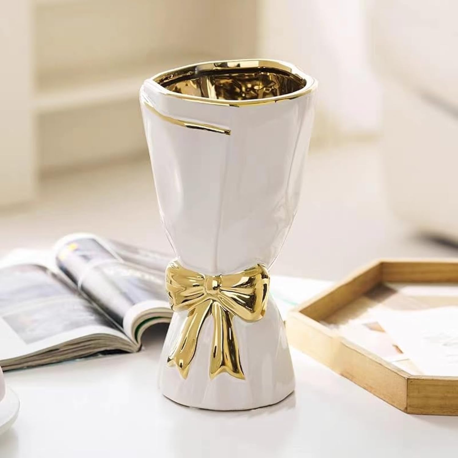 Boho Beige Flower Vase — 3" — White and Gold