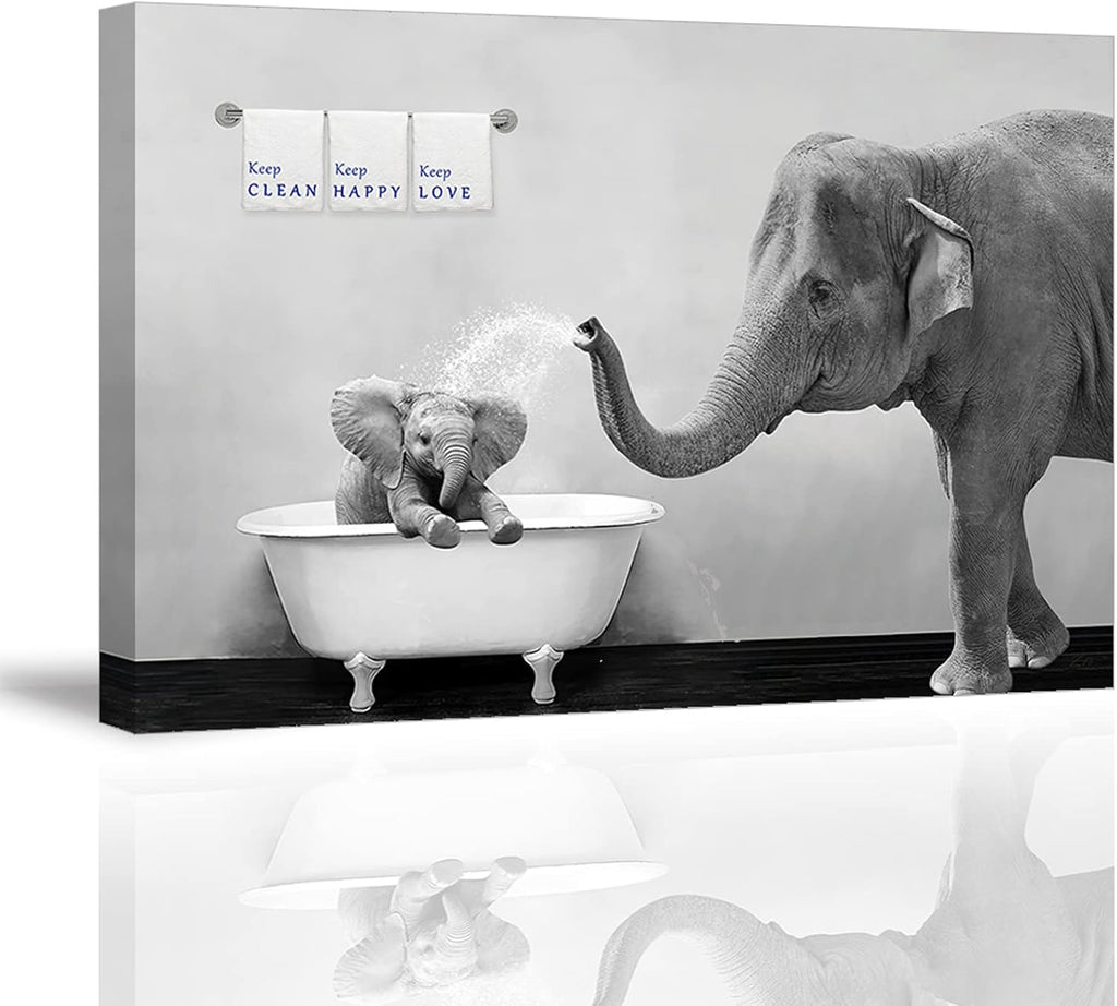 Black Wall Art — 24" — Black & White Elephant Family