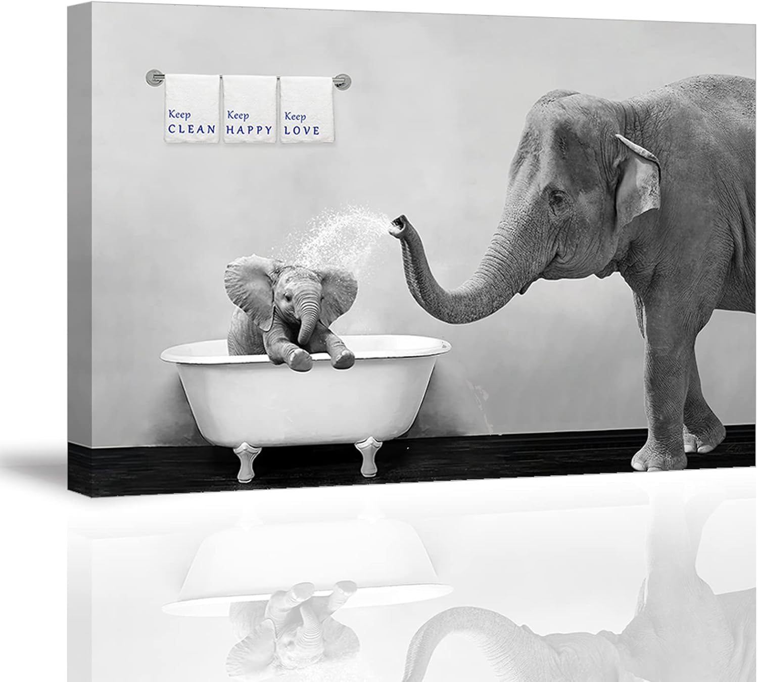 Black Wall Art — 24" — Black & White Elephant Family