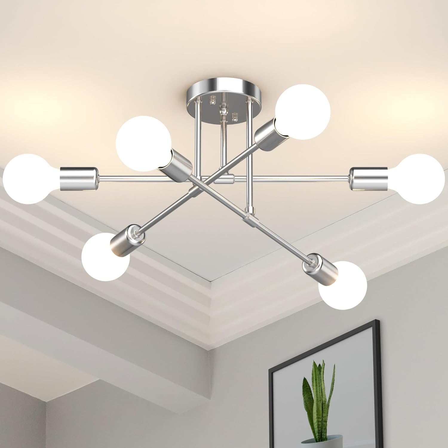 Mid-Century Black Chandelier — 6-Light — Glossy Silver