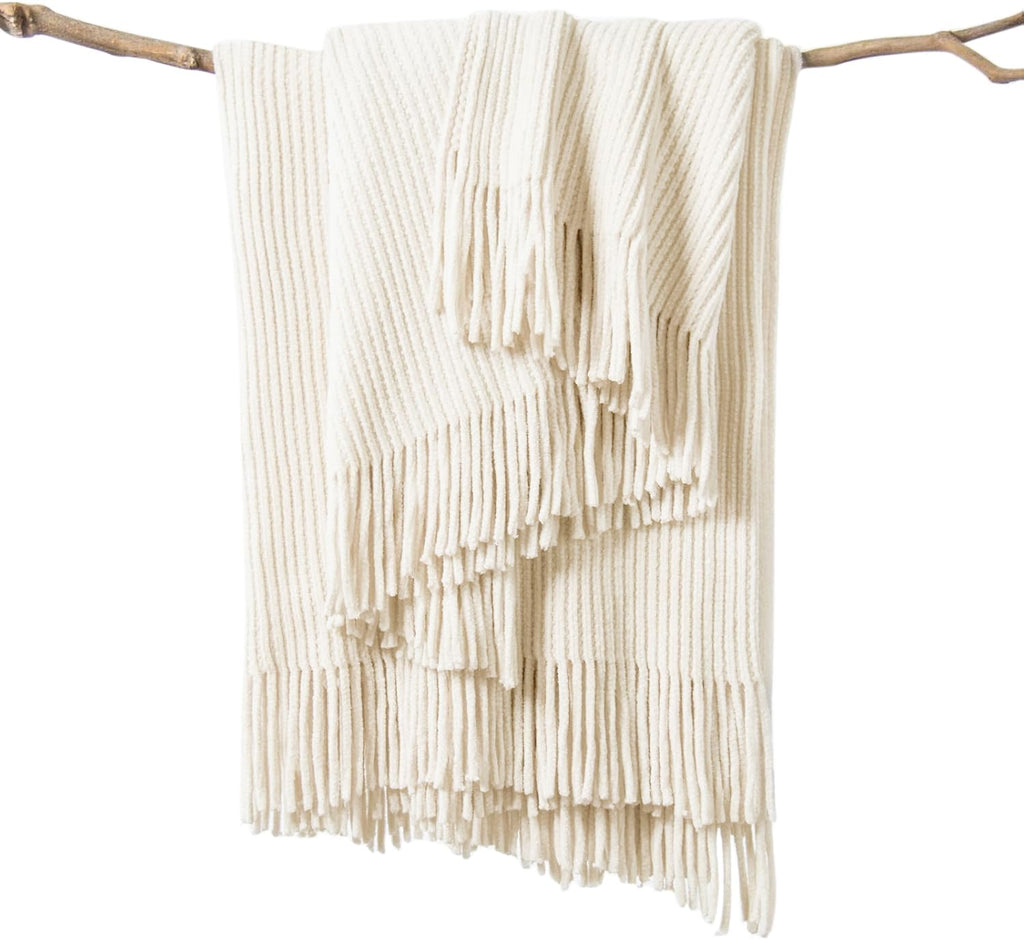 Chenille Boho Beige Throw Pillow — 60" — White