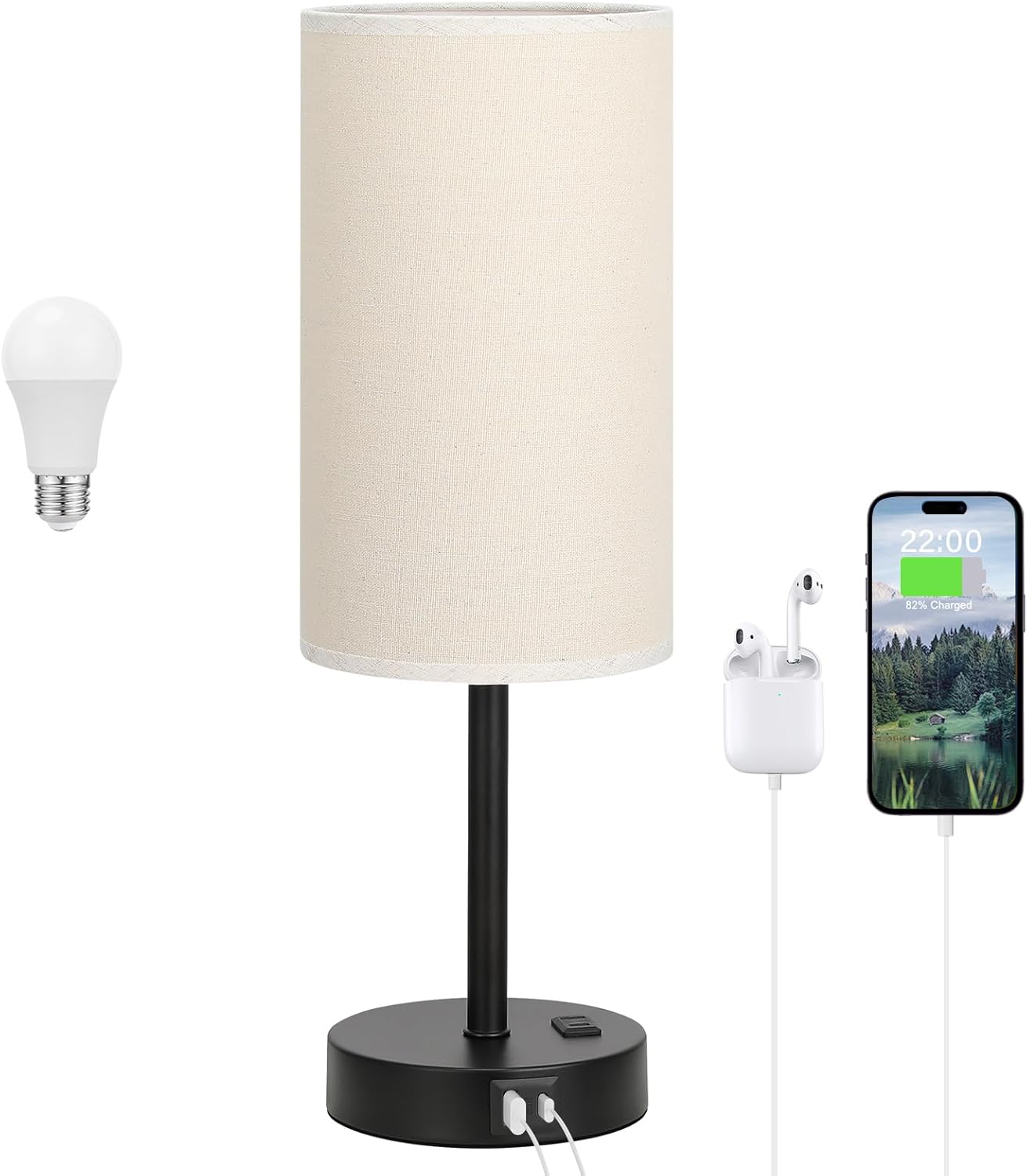 Dimmable Beige Desk Lamp — 14" — Linen & Black