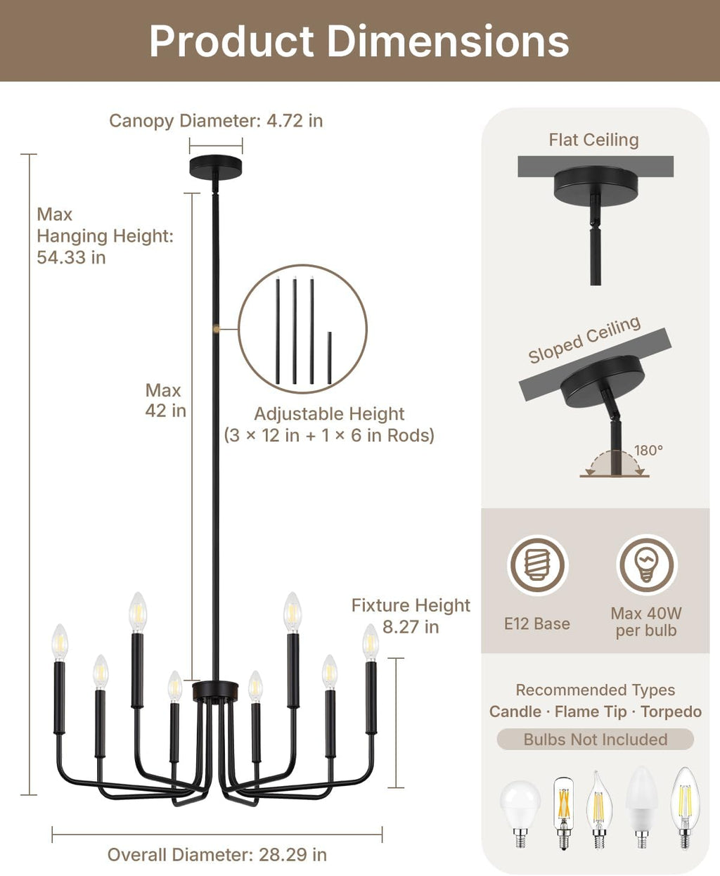 Farmhouse Black Chandelier — 8-Light - View 4