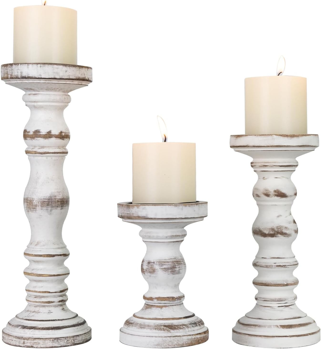 Vintage Farmhouse Brown Pillar Candle — Set of 3 — Antique White