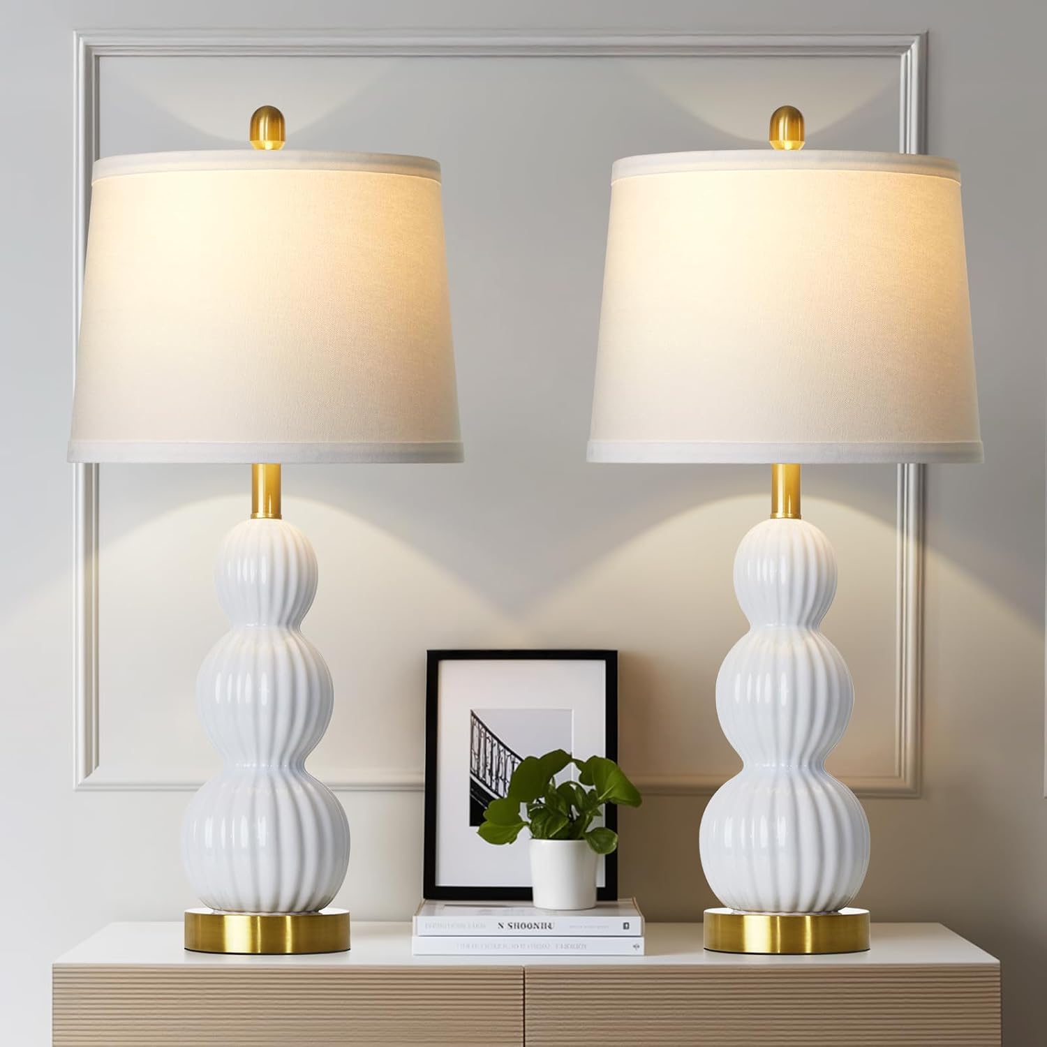 Modern Beige Bedside Lamp — 24" — White - 28"H