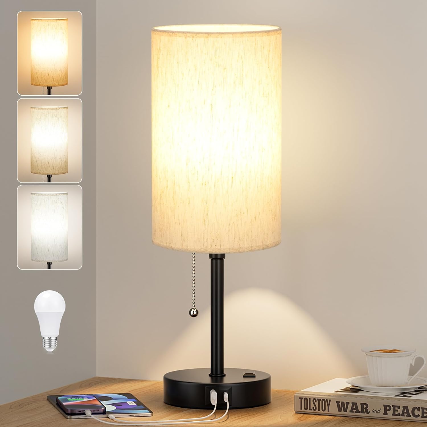 Modern Beige Bedside Lamp — 11.6" — Cream Shade-Black Base