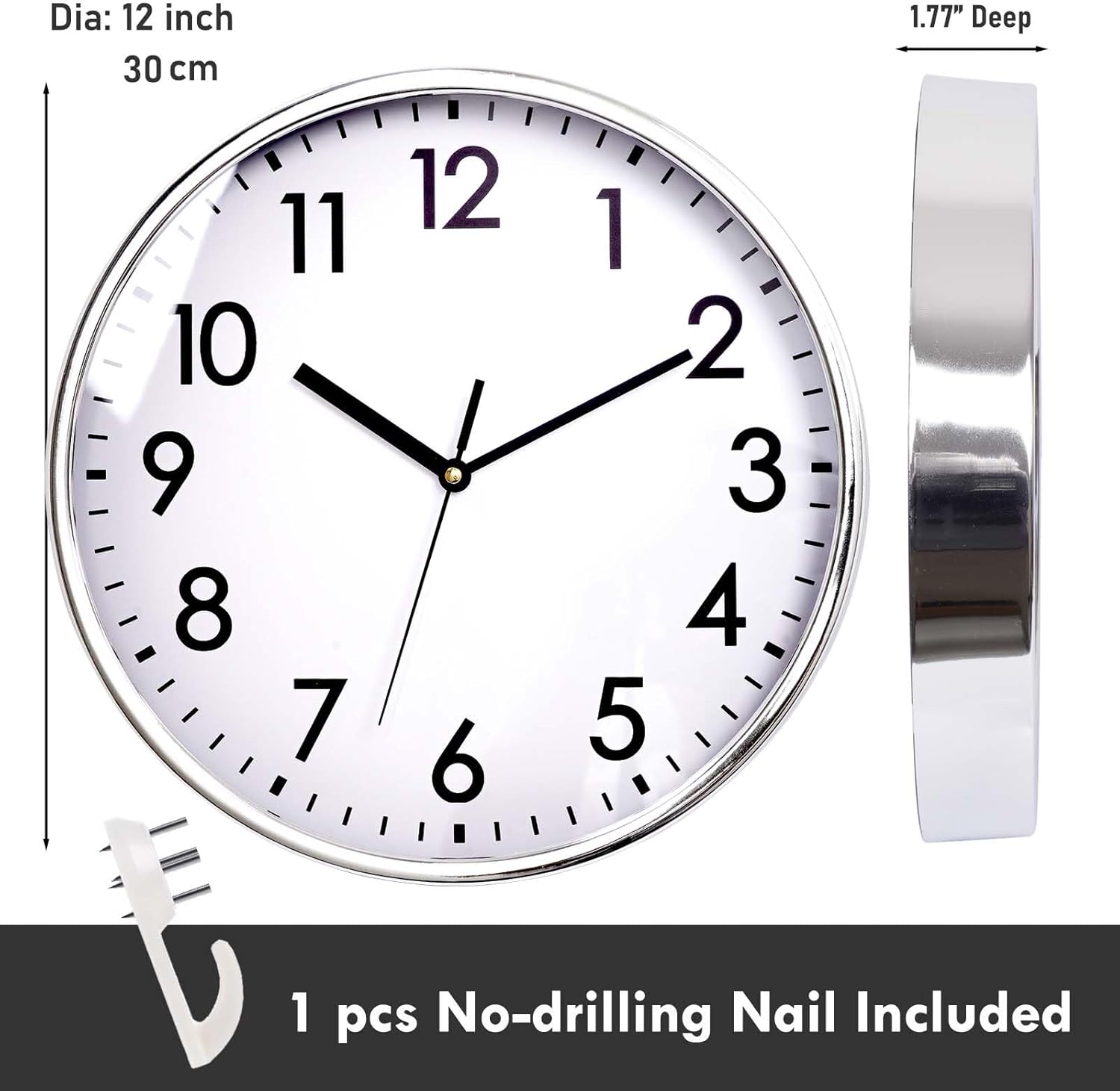 Battery Operated Modern Silver Wall Clock — 12" - View 7