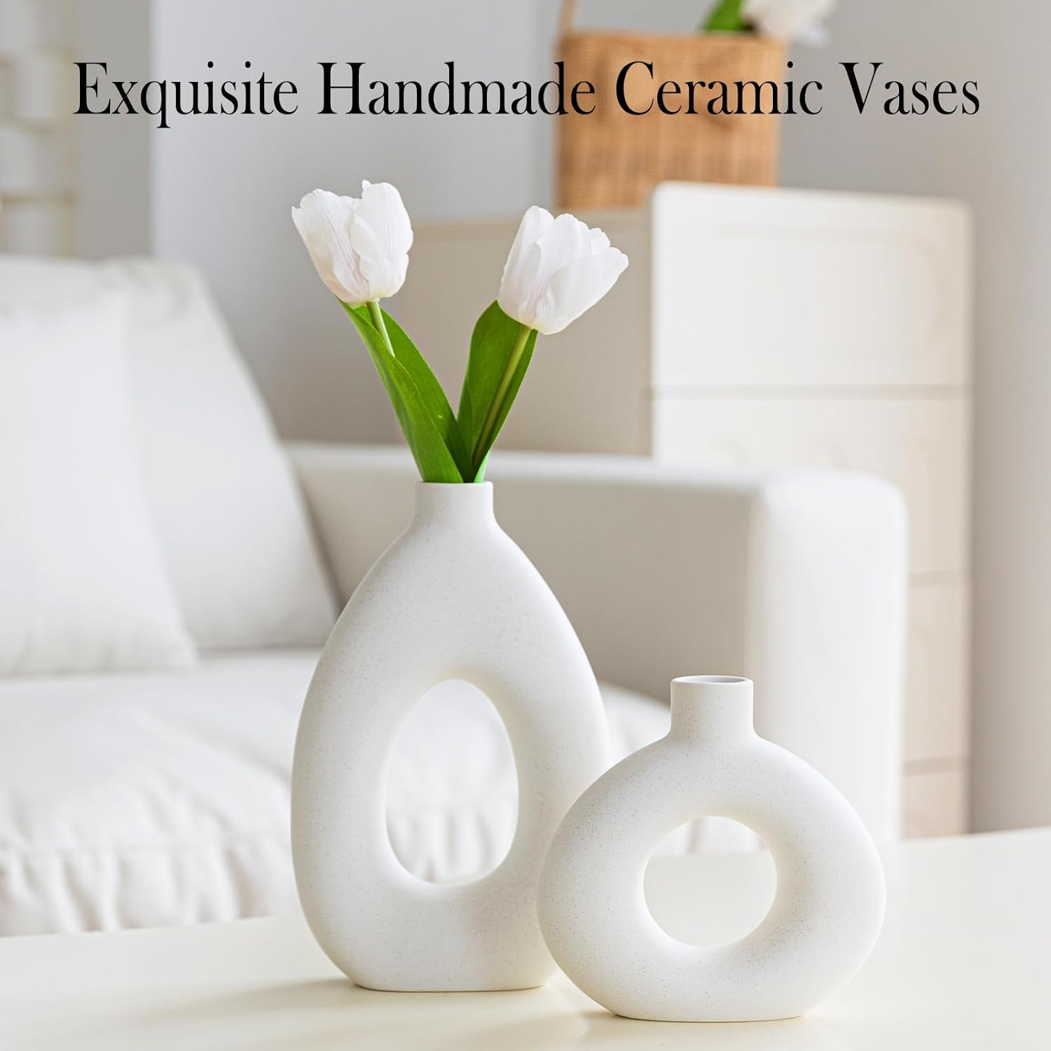 Round Boho White Flower Vase — Set of 2 - View 4