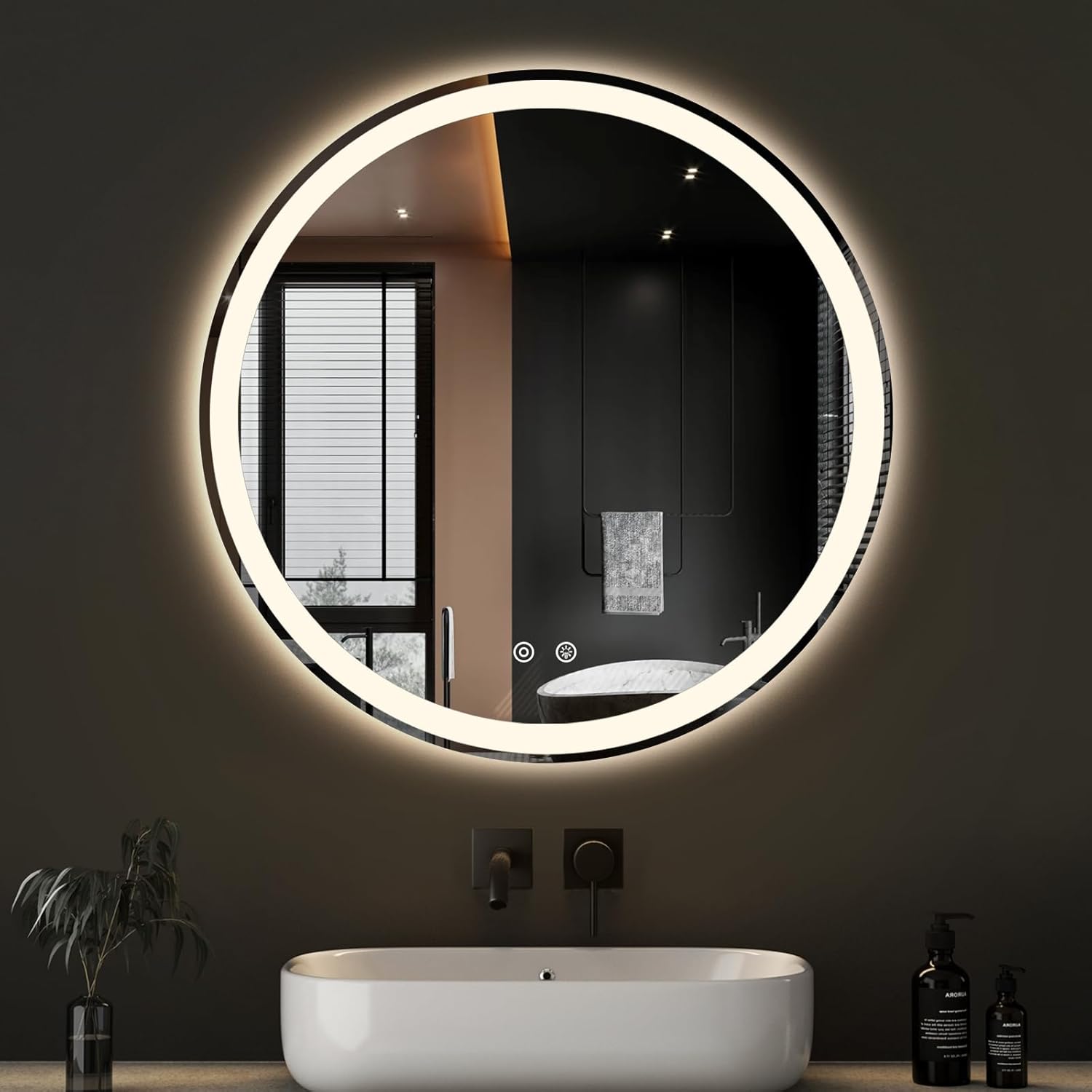 Framed Farmhouse Black Vanity Mirror — 32" — Led-white Round