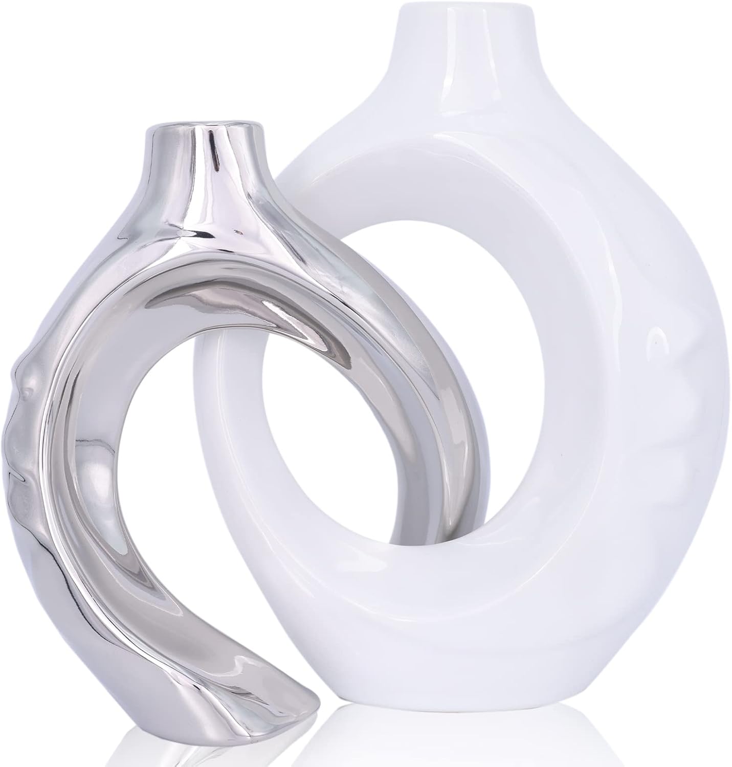 Round Luxe Blue Vase — Set of 2 — White Silver