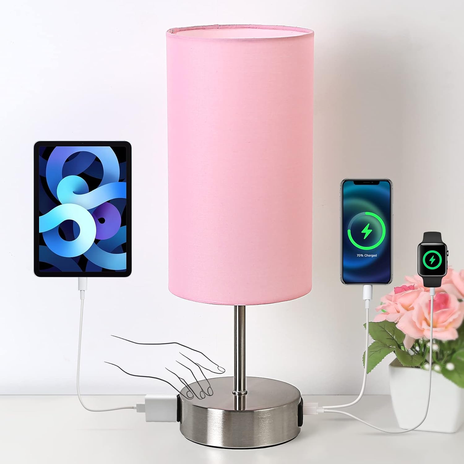 Dimmable Black Bedside Lamp — Pink
