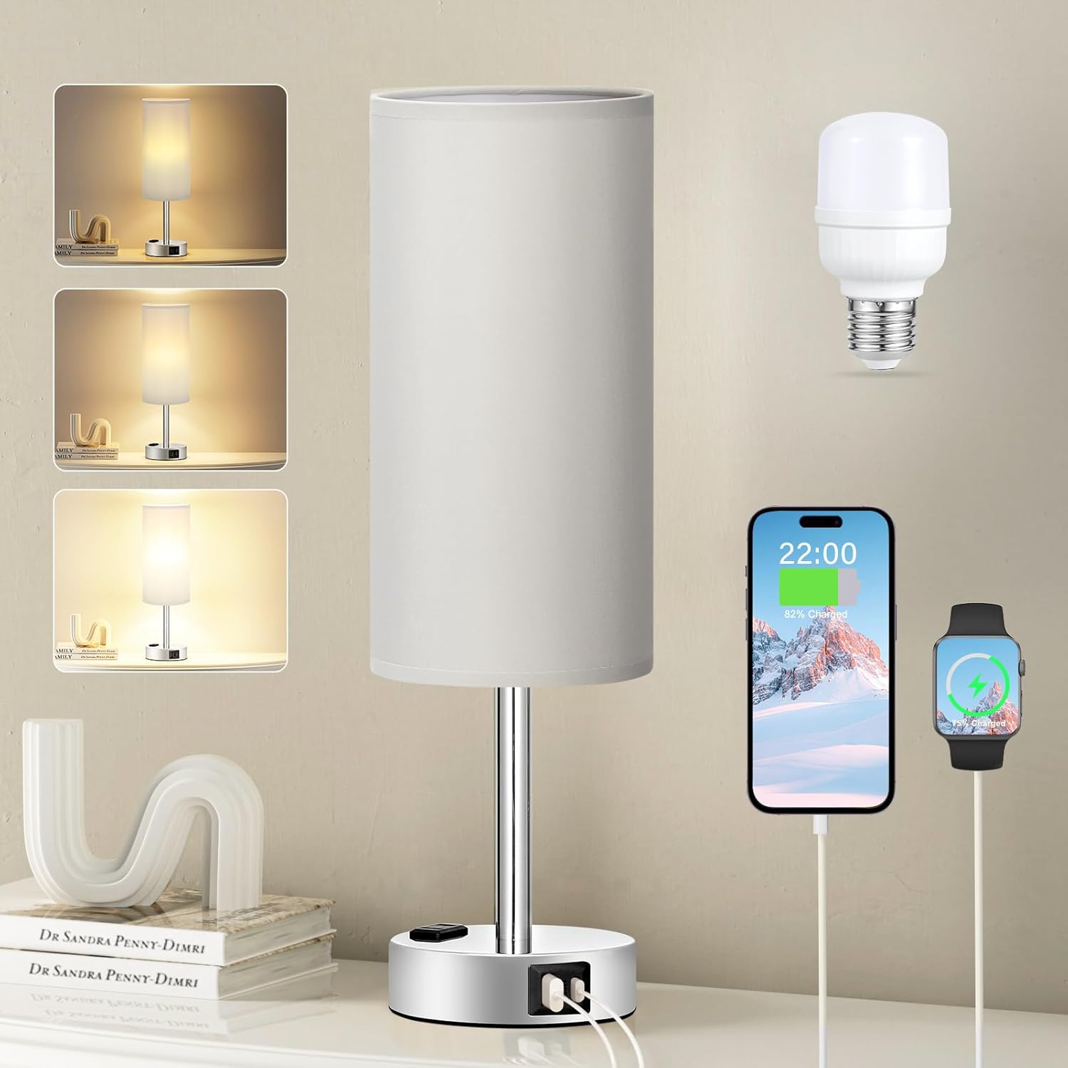 Dimmable Beige Table Lamp — 14" — Light Grey - Silver