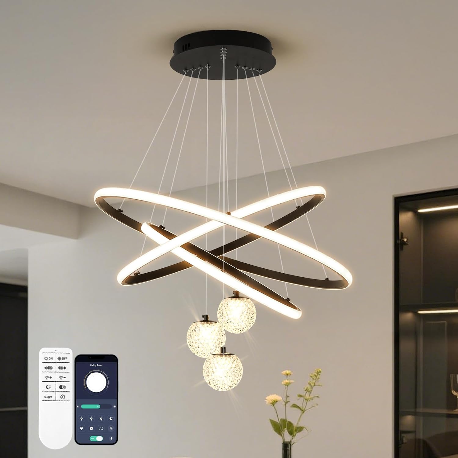 Dimmable Luxe Black Chandelier — 3Ring+3Globe,Black