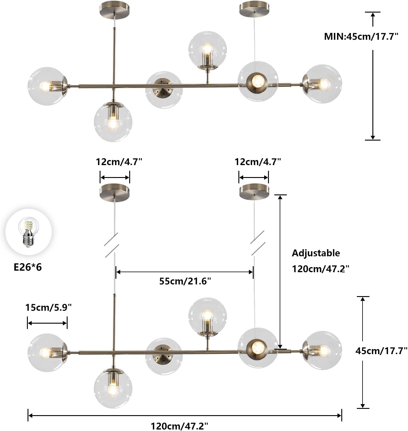 Mid-Century Gold Chandelier — 6-Light - View 2