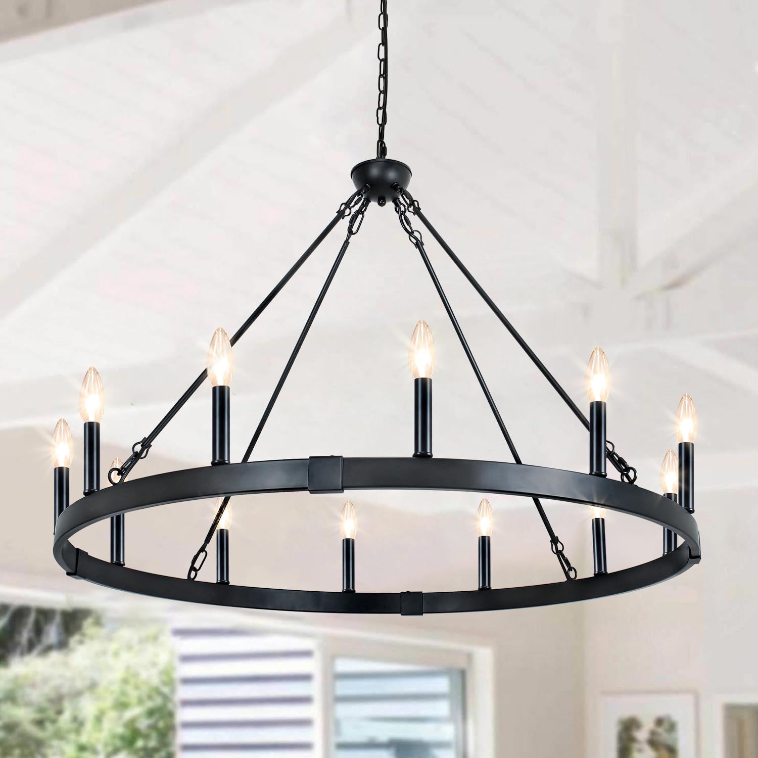 Round Farmhouse Black Chandelier — 12-Light — Black-12 Light-E12