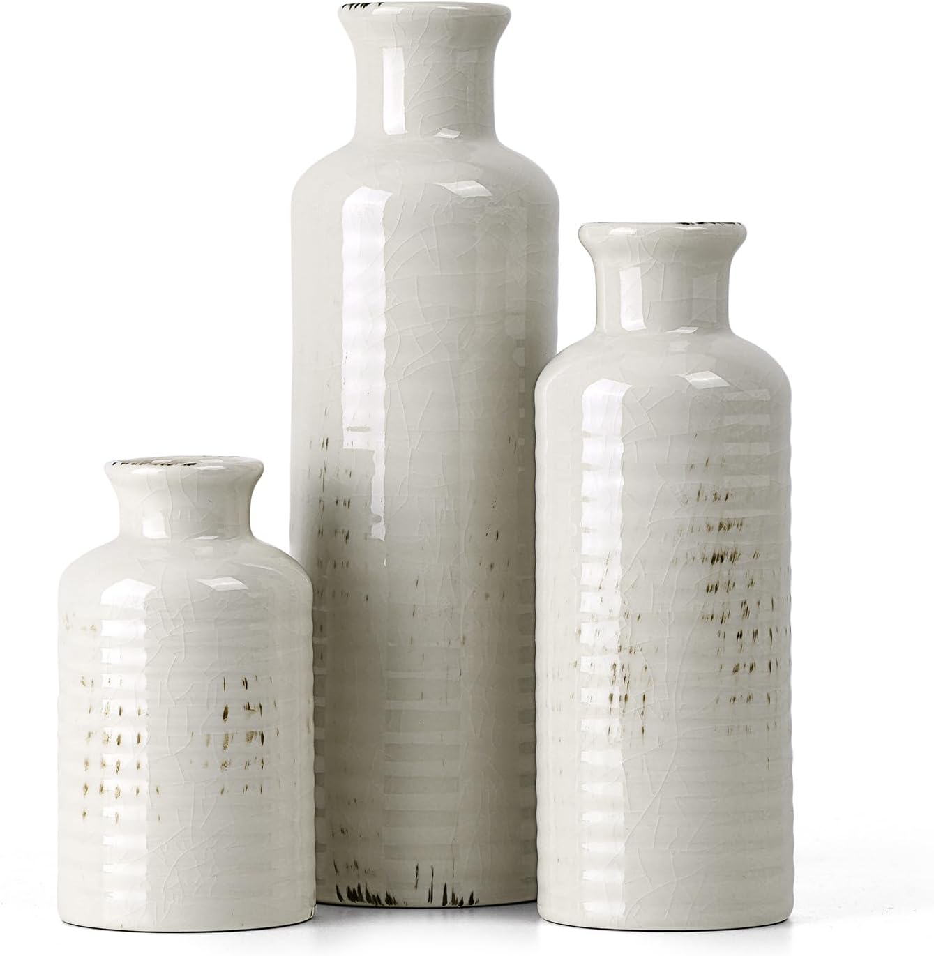 Farmhouse Beige Flower Vase — Set of 3 — 3pcs-crack White