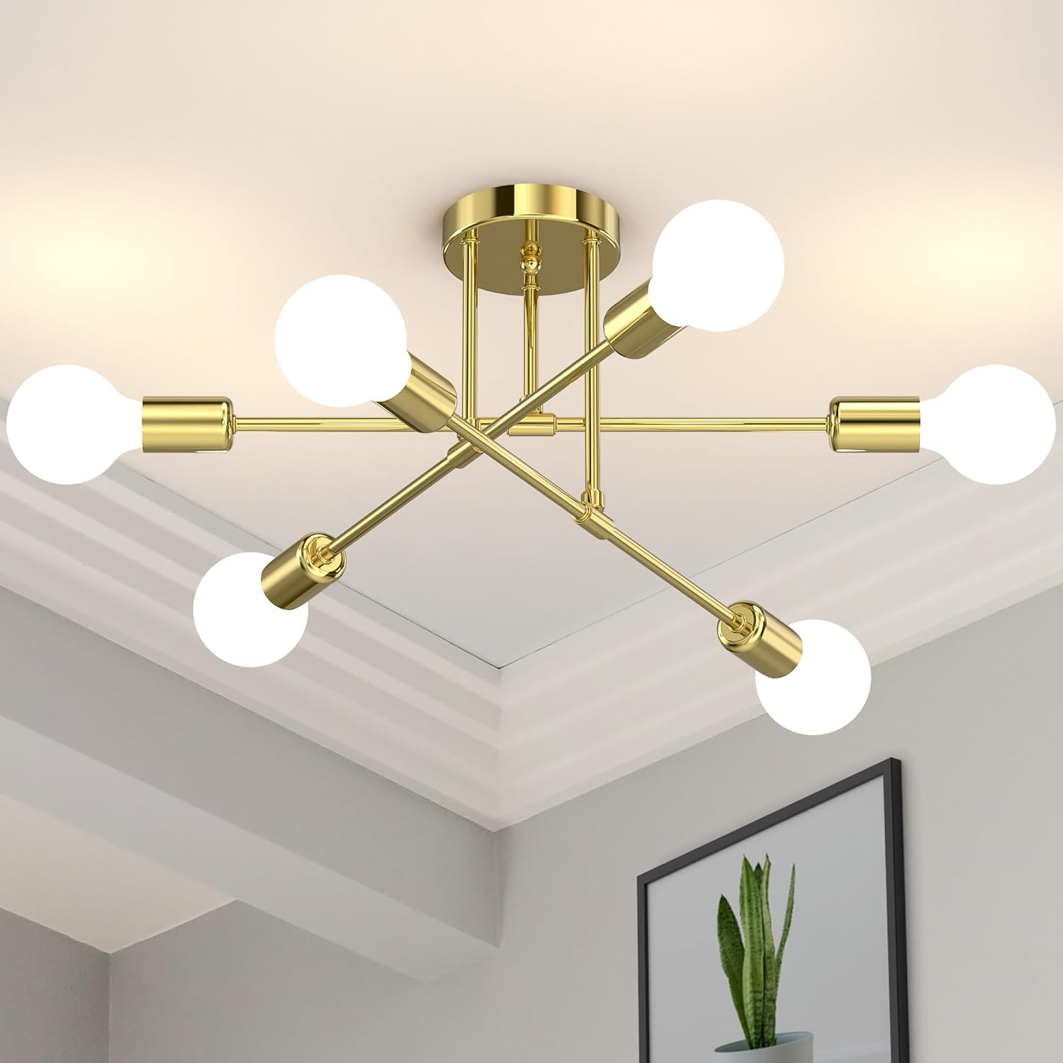Mid-Century Black Chandelier — 6-Light — Brushed Gold