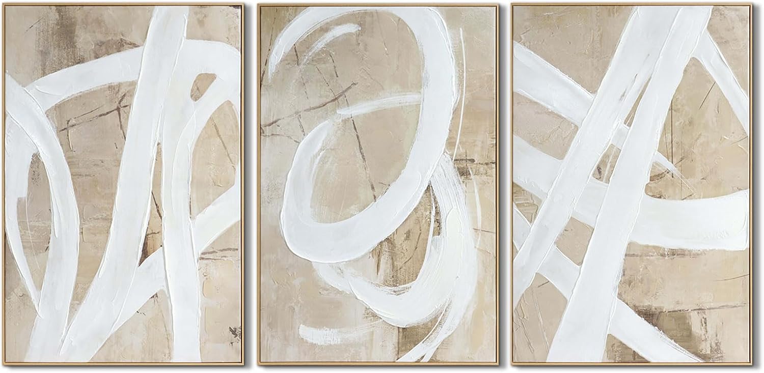 Framed Modern Beige Canvas Wall Art — 24" — 24" x 36" x 3 Panels Framed