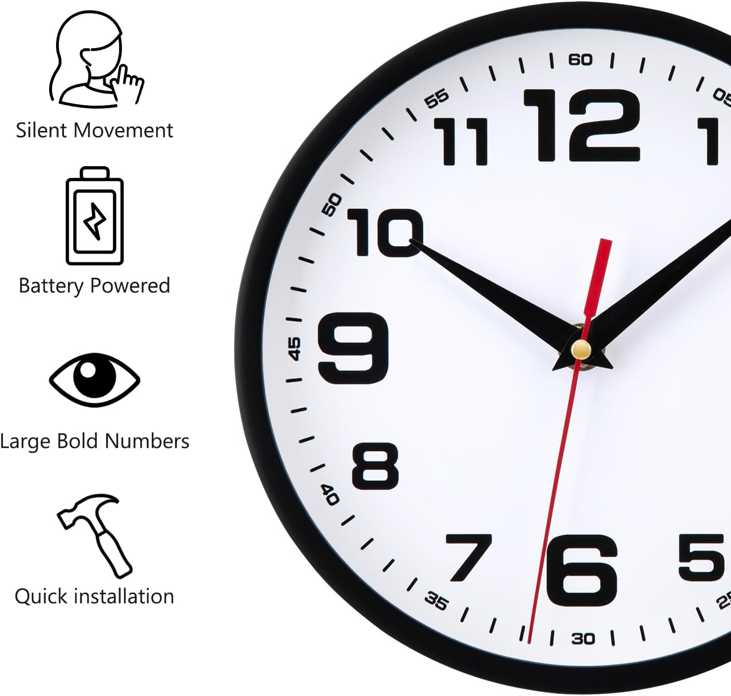 Battery Operated Modern Black Wall Clock — 8" - View 2
