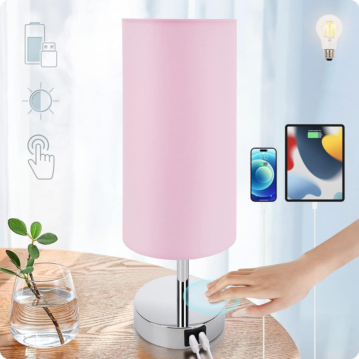 Dimmable Black Nightstand Lamp — Pink