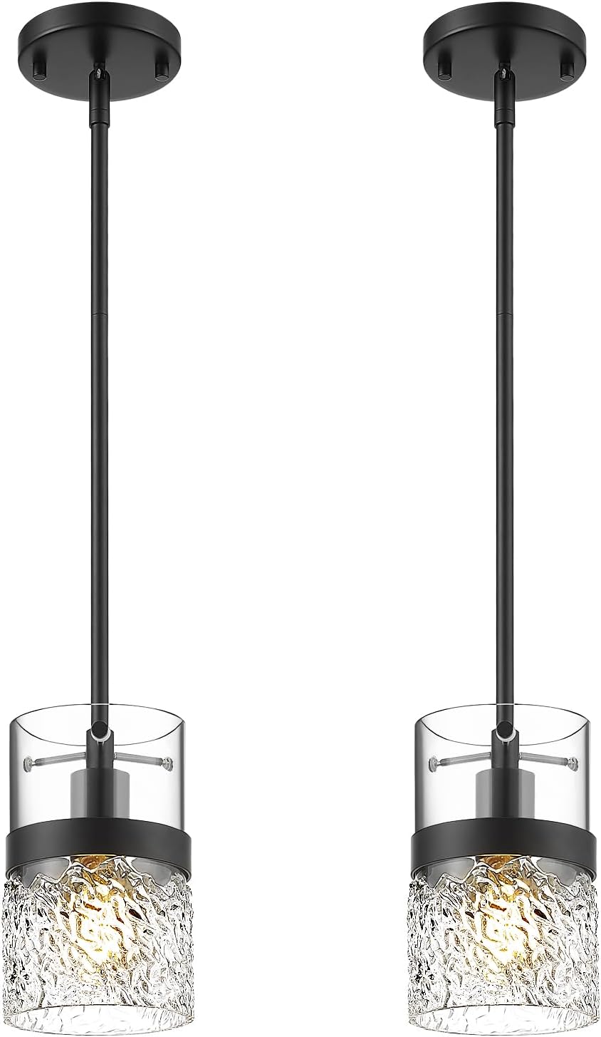 Adjustable Modern Black Pendant Light — 3.5" — Black -Hammered Glass