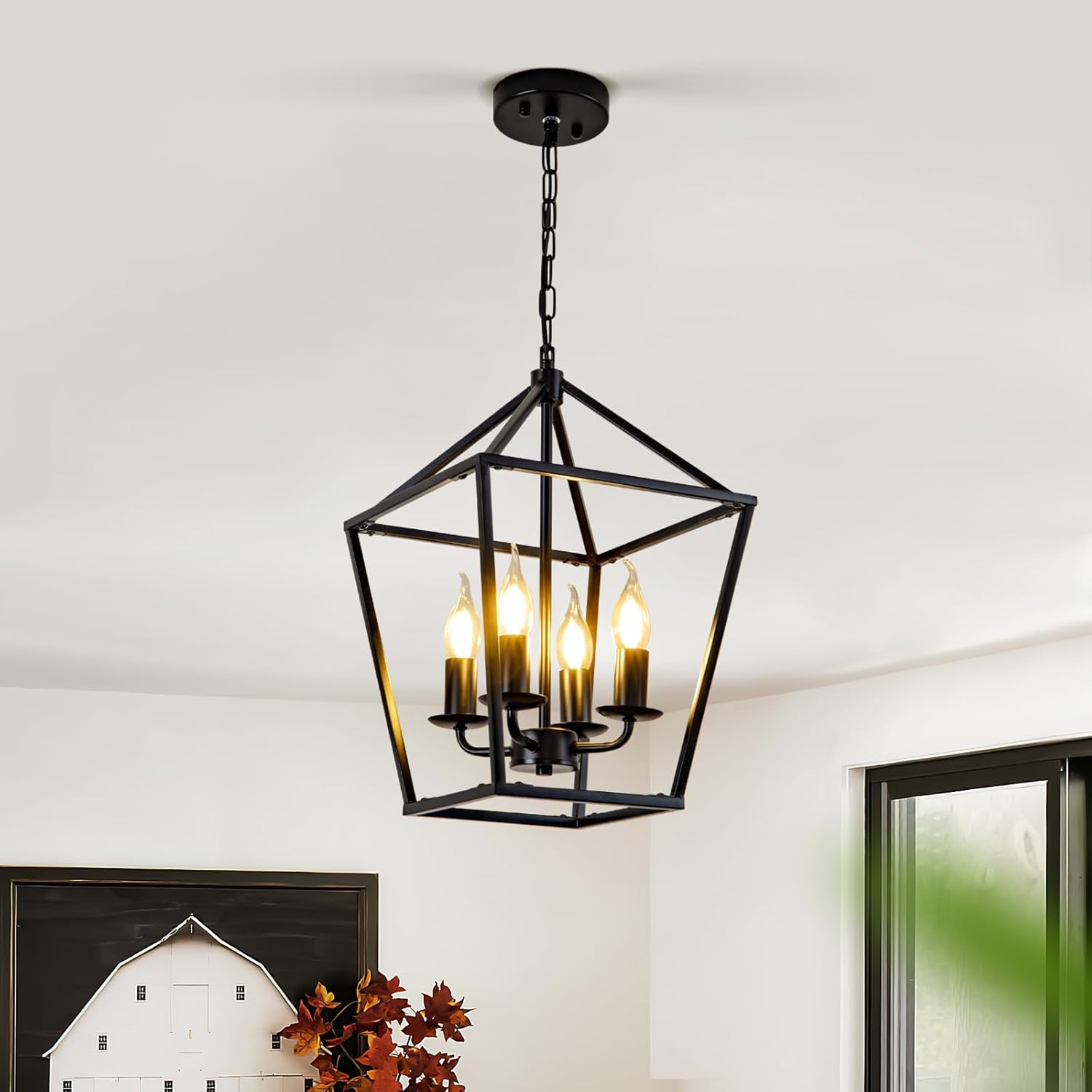 Farmhouse Beige Chandelier — 10-Light — Black Lantern