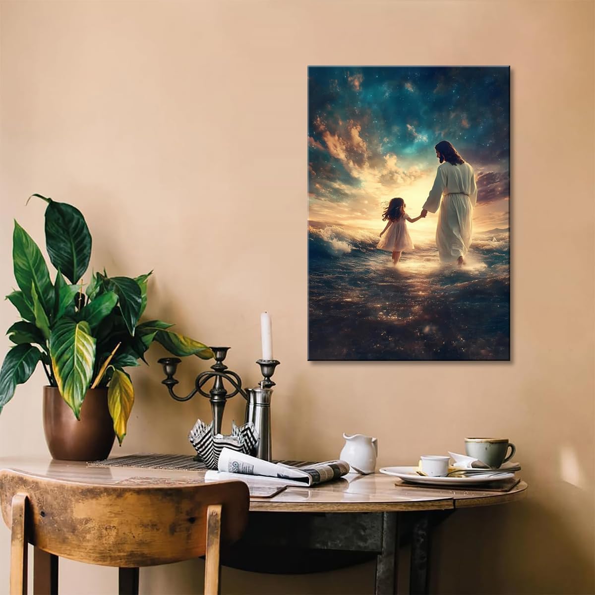 Luxe Blue Canvas Wall Art — 36" — Blue Jesus and Girl Canvas Art