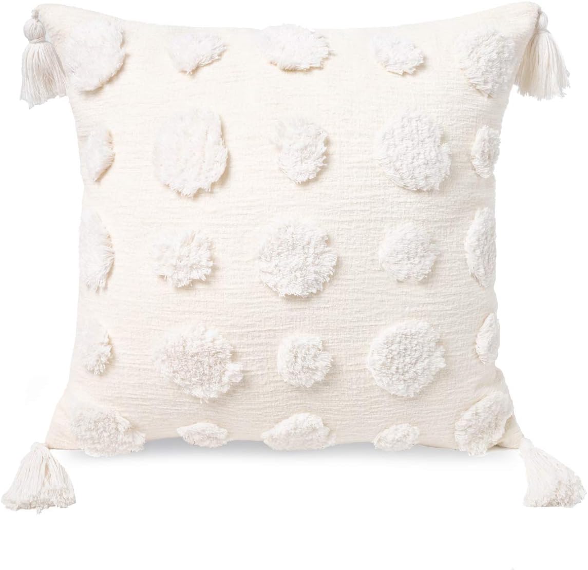 Tufted Boho Grey Throw Pillow Cover — 20" — White