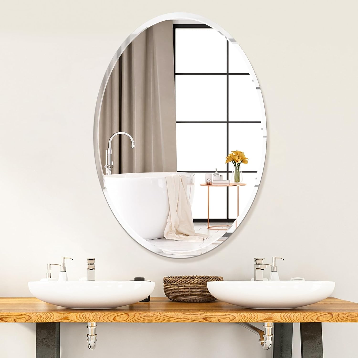 Beveled Beige Wall Mirror — 36" — Oval