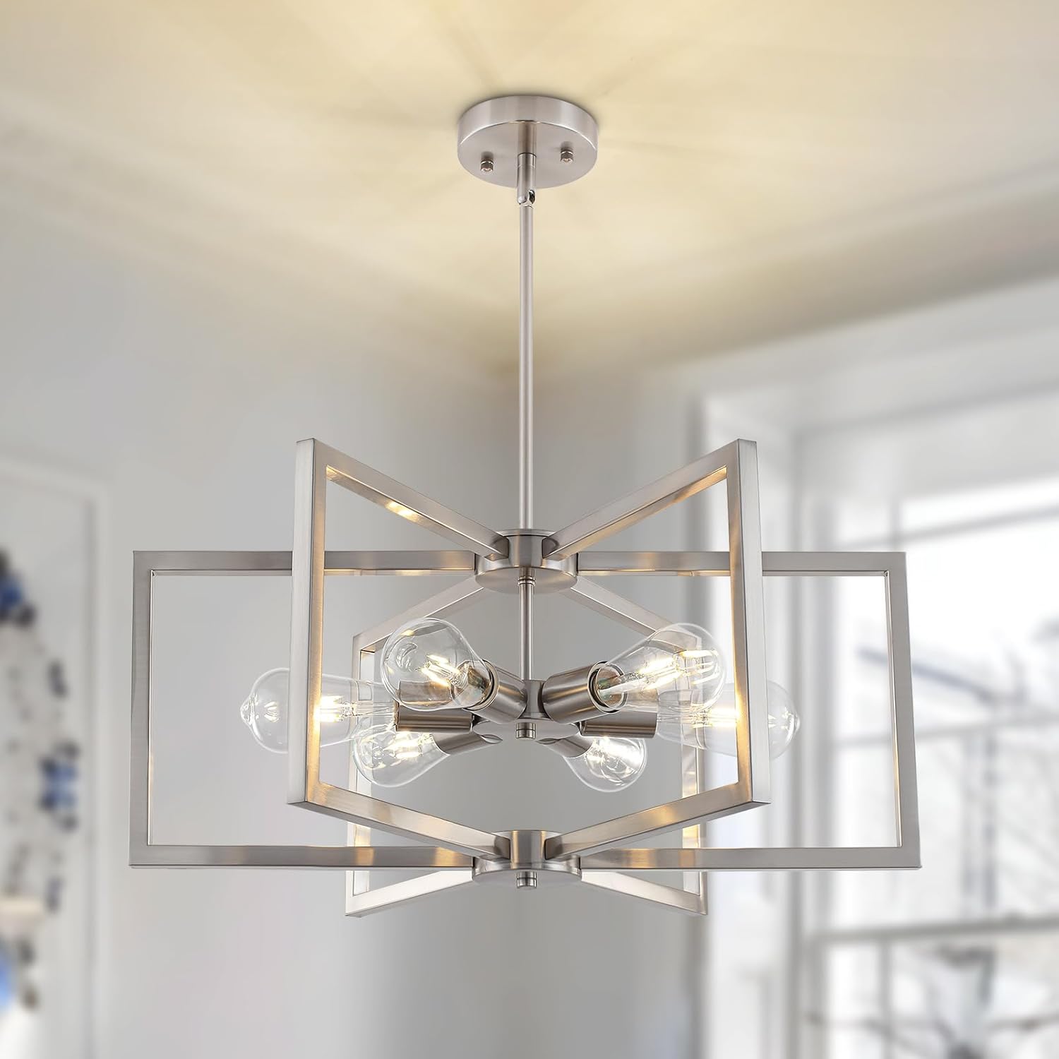 Adjustable Farmhouse Black Chandelier — 6-Light — Brushed Nickel-E26