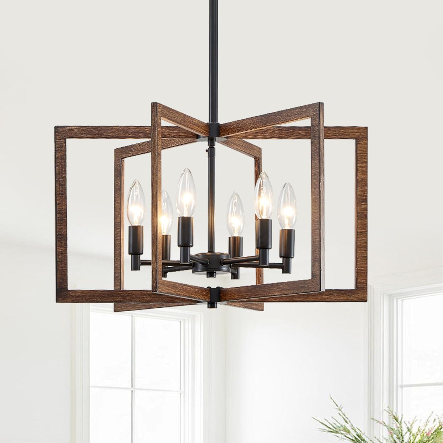 Modern Black Chandelier — 6-Light — Black and Wood Grain 6-Light
