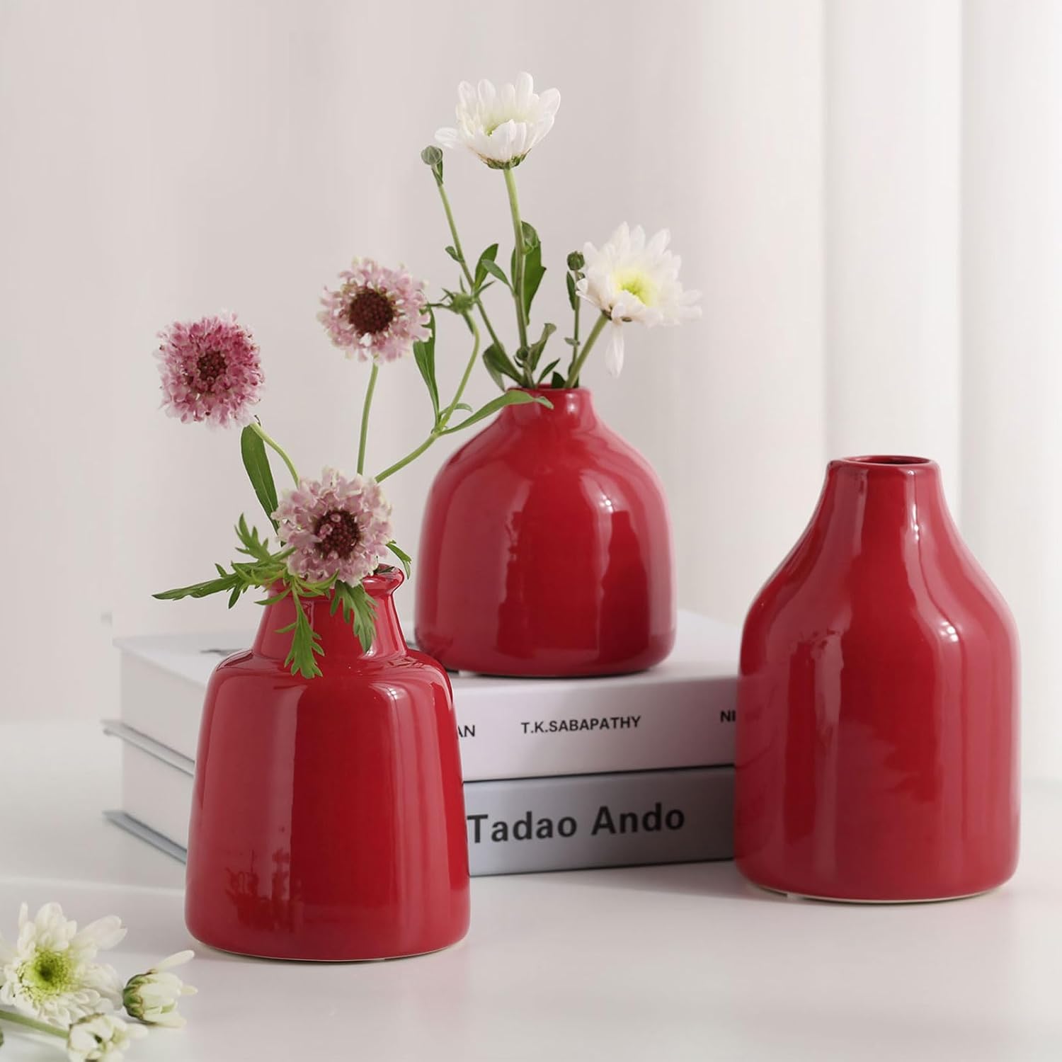 Modern Black Flower Vase — Set of 3 — 3 Vase Set- Red