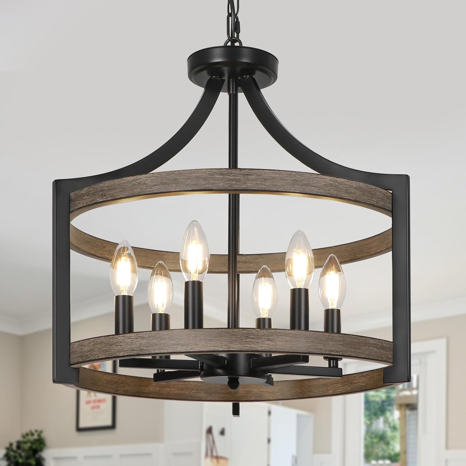 Convertible Farmhouse Black Chandelier — 6-Light — 6-Lights Black+Faux Wood Grain